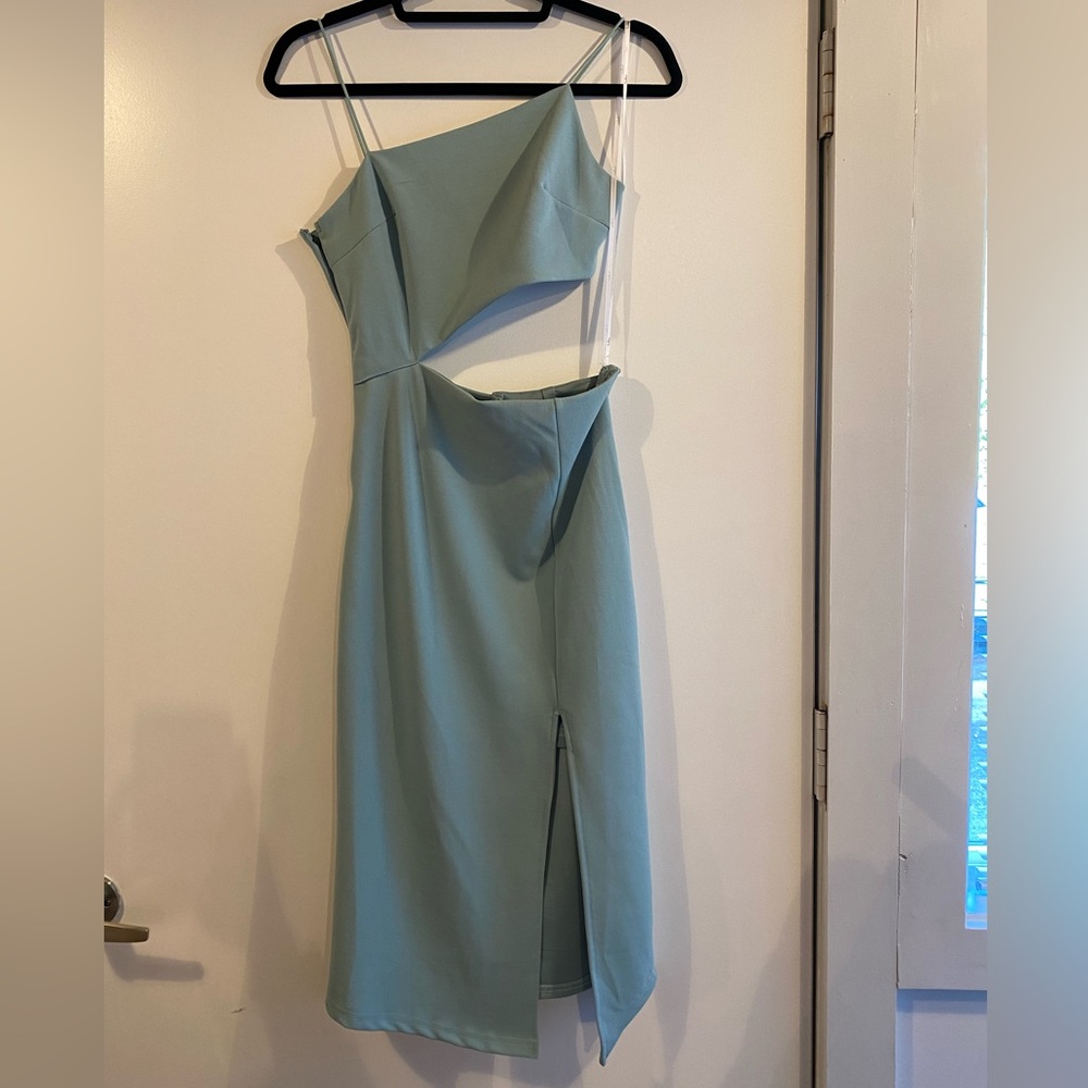 Lulu’s Flawless Attitude Sage Blue Asymmetrical Cutout Midi Dress